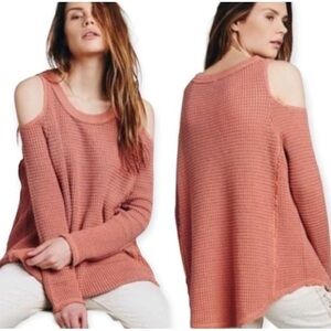 Free People Sunrise Sunset Thermal Knit Cold Shoulder Cotton Sweater Terracotta